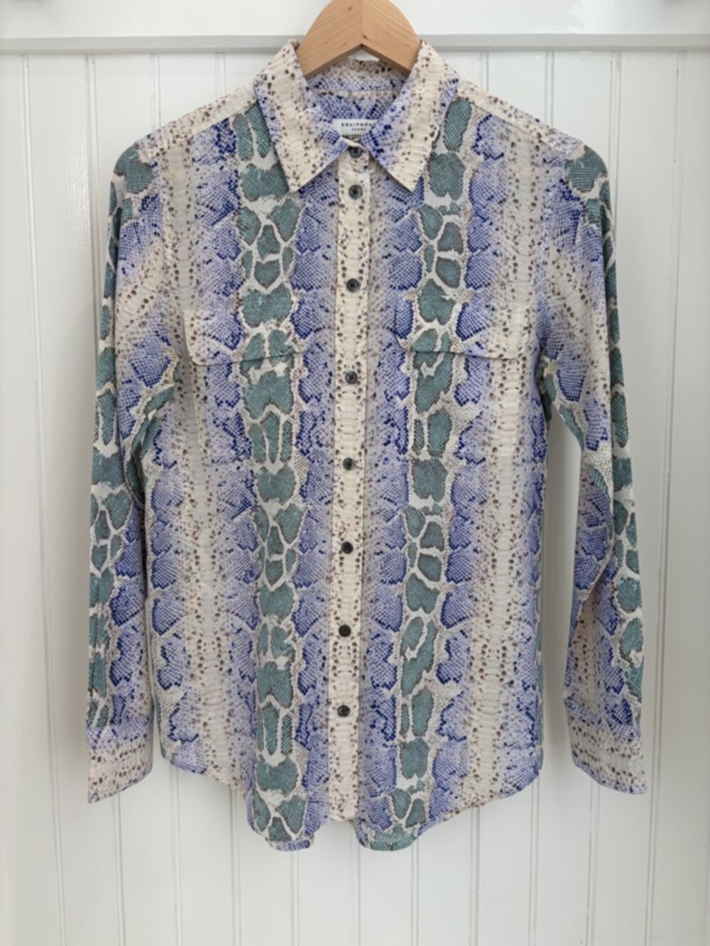 Equipment Snake Python Print Silk Blouse — Blue Green, Size XS